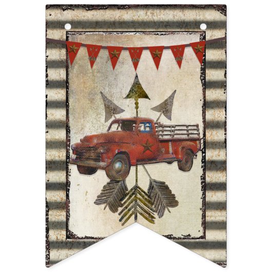 素朴な農場のヴィンテージの赤いトラックの男の子の子供部屋の名前 バンティングフラッグ (第1の旗)