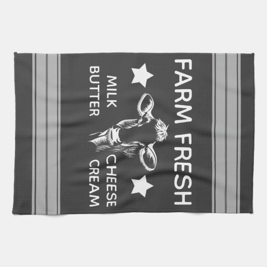 素朴な農場の新しい乳牛は及び縞で飾ります キッチンタオル (横)