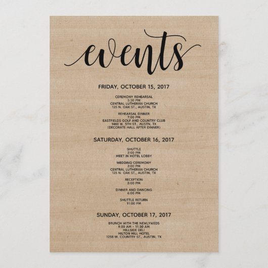 素朴な農場の結婚式の歓迎された、旅程カード プログラム (裏面)