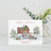 素朴な農家のクリスマスツリーと雪だるま シーズンカード (スタンド正面)