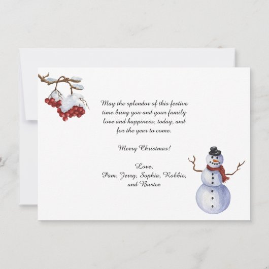 素朴な農家のクリスマスツリーと雪だるま シーズンカード (裏面)