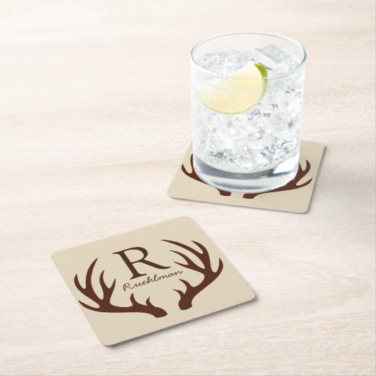 素朴な農家のブラウンのシカの(雄ジカの)枝角の姓 スクエアペーパーコースター (インサイチュ)