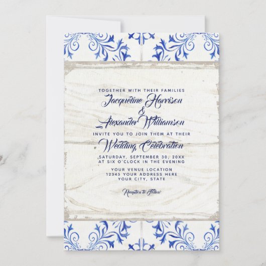 素朴な農家の農場のLapisの青く白い木製のタイル 招待状 (正面)