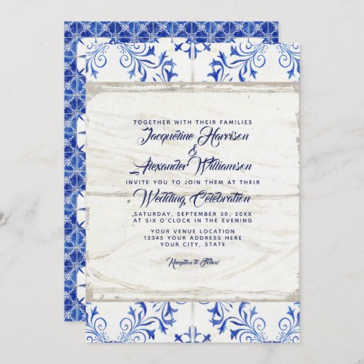 素朴な農家の農場のLapisの青く白い木製のタイル 招待状 (正面/裏面)