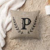 素朴な農家の麻と黒の植物ラウレル クッション (ブランケット)