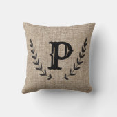 素朴な農家の麻と黒の植物ラウレル クッション (裏面)