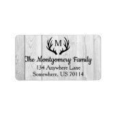 素朴な農家の黒のシカの(雄ジカの)枝角及び白い木 ラベル (正面)