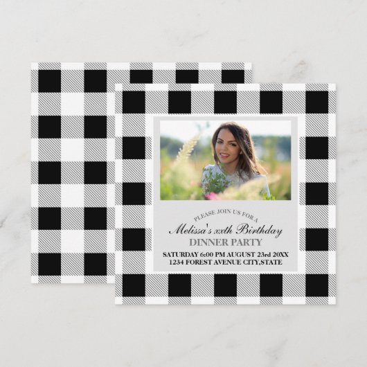 素朴な農家スタイルのブラックアンドホワイトのバイソン柄パーティー 招待状 (正面/裏面)