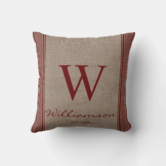 素朴な農家スタイルの刻印付き麻布の掛け布団カバー（バーガンディのストライプ柄） クッション (裏面)