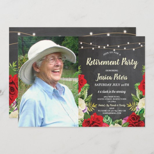 素朴な退職パーティーのチョークの赤いバラの写真 招待状 (正面/裏面)