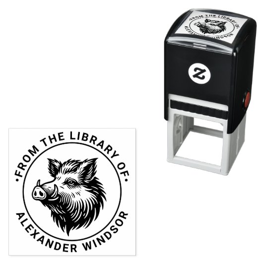 素朴な野生のイノシシの頭のライブラリの本の名前 セルフインキングスタンプ (インサイチュ)