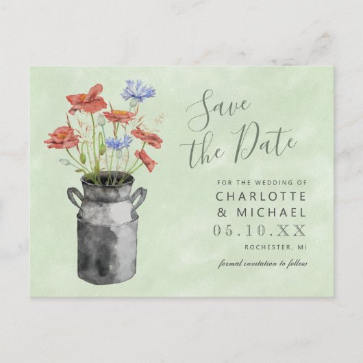 素朴な野生の花ミルクバケット日付を保存 ポストカード (正面)