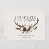 素朴な雄鹿および花柄はパーティの招待状を卒業させます 案内ポストカード (正面/裏面)