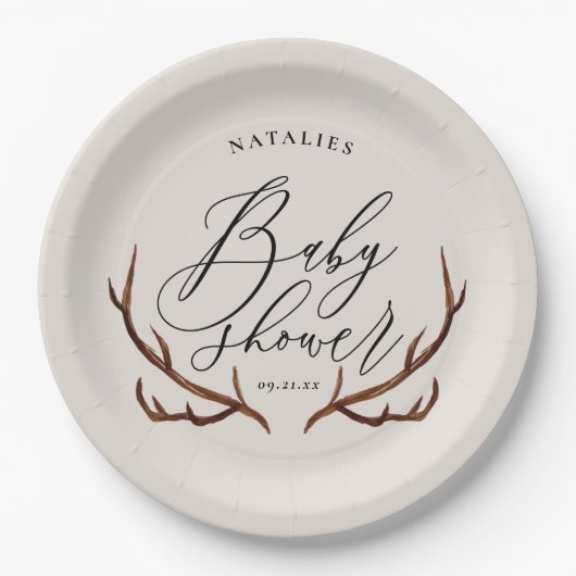 素朴な雄鹿の(雄ジカの)枝角のベビーシャワーのパーティー ペーパープレート (正面)