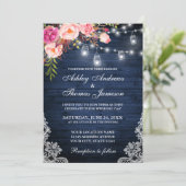 素朴な青いピンクの花柄レースライトウッドウェディング 招待状 (スタンド正面)