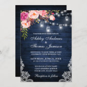 素朴な青いピンクの花柄レースライトウッドウェディング 招待状 (正面/裏面)