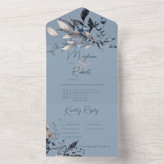 素朴な青い冬の葉の青い3つの夕食 オールインワン招待状 (内側)