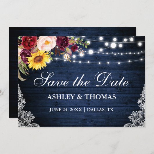 素朴な青い木のライトが混ざった花のレース セーブザデート (正面/裏面)