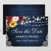 素朴な青い木のライトとミックスフラワーレース セーブザデート (正面/裏面)