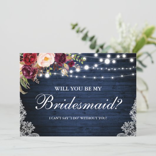 素朴な青い木のライトとレースの花の花嫁の友人 招待状 (スタンド正面)