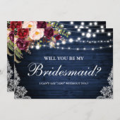 素朴な青い木のライトとレースの花の花嫁の友人 招待状 (正面/裏面)