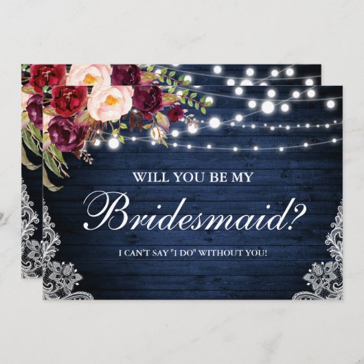 素朴な青い木のライトとレースの花の花嫁の友人 招待状 (正面/裏面)