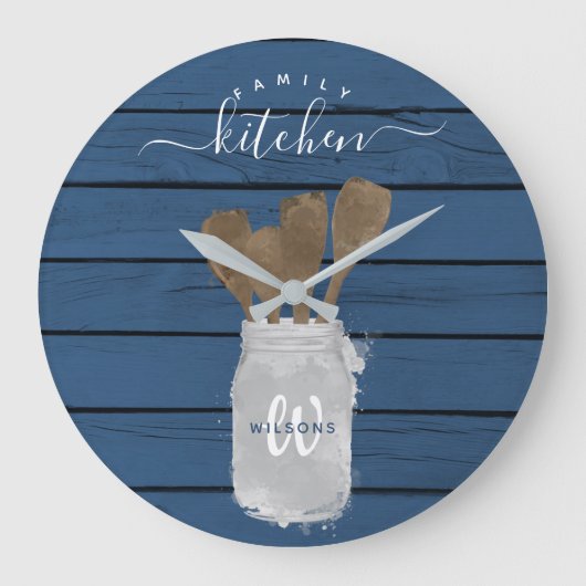 素朴な青い木の瓶とスプーンのファミリーキッチンインテリア ラージ壁時計 (正面)