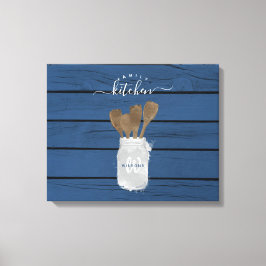 素朴な青い木の瓶 スプーン ファミリー キッチン デコレーション キャンバスプリント