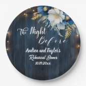 素朴な青い木材と白い花の結婚式の予行 dinner ペーパープレート (正面)