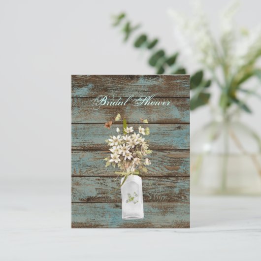 素朴な青い納屋の木の野草の国の結婚式 招待状 (スタンド正面)