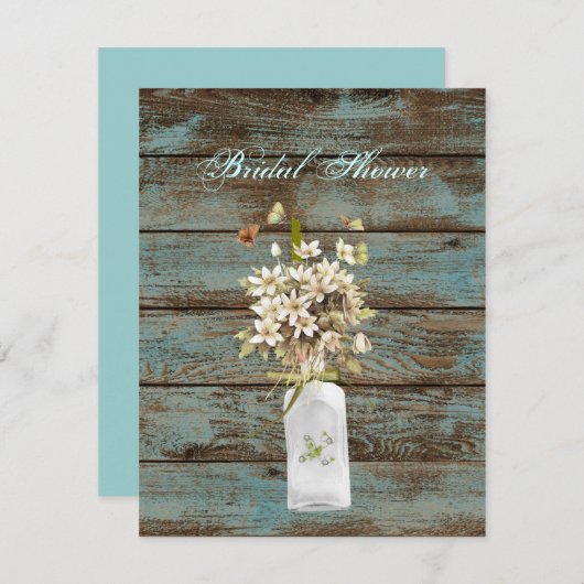 素朴な青い納屋の木の野草の国の結婚式 招待状 (正面/裏面)