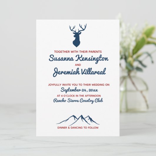 素朴な青と赤の鹿のいる山岳地帯での結婚式 招待状 (スタンド正面)
