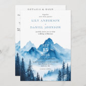 素朴な青の水彩山岳地帯のウェディングの詳細 招待状 (正面/裏面)