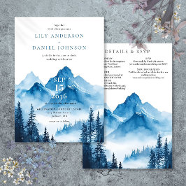 素朴な青の水彩山岳地帯のウェディングの詳細 招待状