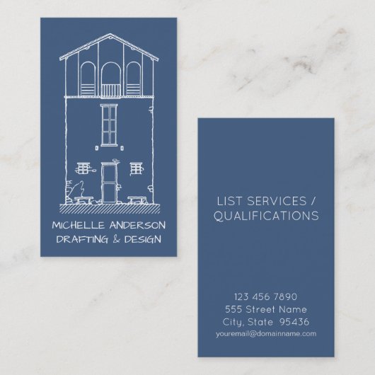 素朴な青写真の建築業者の大工の垂直 名刺 (正面/裏面)