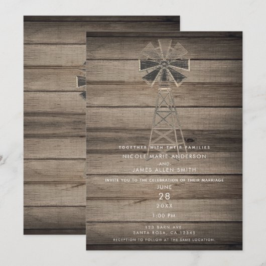 素朴な風化した木製のカントリー風車のウェディング 招待状 (正面/裏面)
