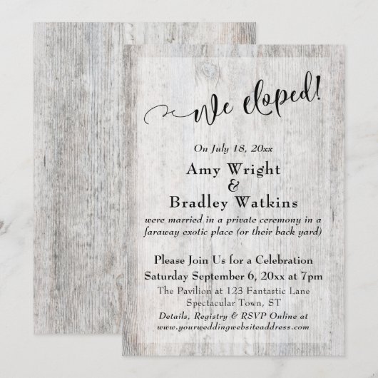 素朴な風化した灰色の木の二人だけの結婚式 招待状 (正面/裏面)