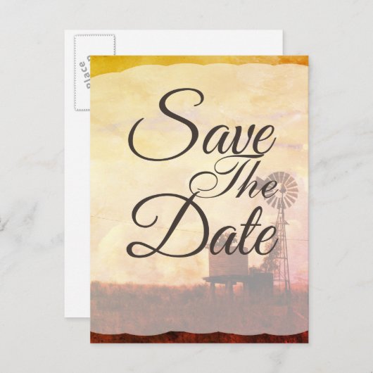 素朴な風車の田園ウェディング・セーブ・ザ・デート 案内ポストカード (正面/裏面)