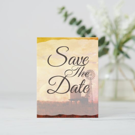 素朴な風車の田園ウェディング・セーブ・ザ・デート 案内ポストカード (スタンド正面)