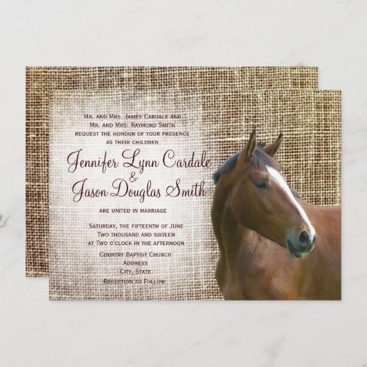 素朴な馬のバーラップのプリントの結婚式招待状 招待状 (正面/裏面)