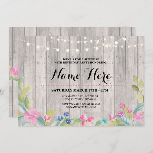 素朴な驚きの誕生会の花のピンクの招待 招待状 (正面/裏面)