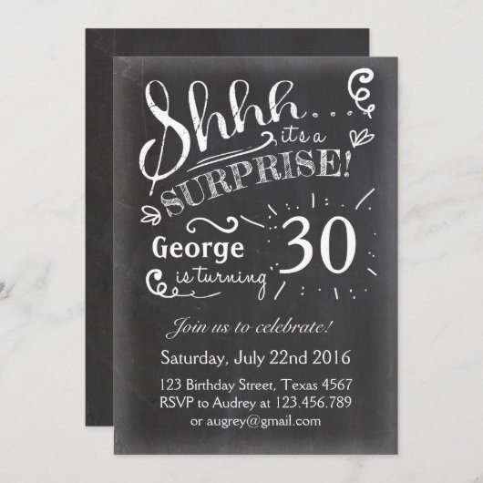 素朴な驚きの誕生日の招待30の黒板 招待状 (正面/裏面)