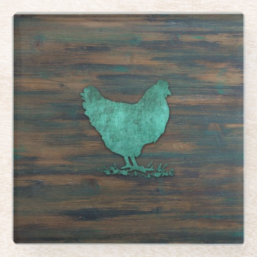素朴な鶏(ティール（緑がかった色）) ガラスコースター (正面)