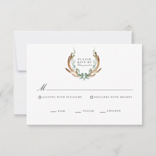 素朴な鹿の角とグリーン 水彩デザインの出欠確認カード 出欠カード (正面)