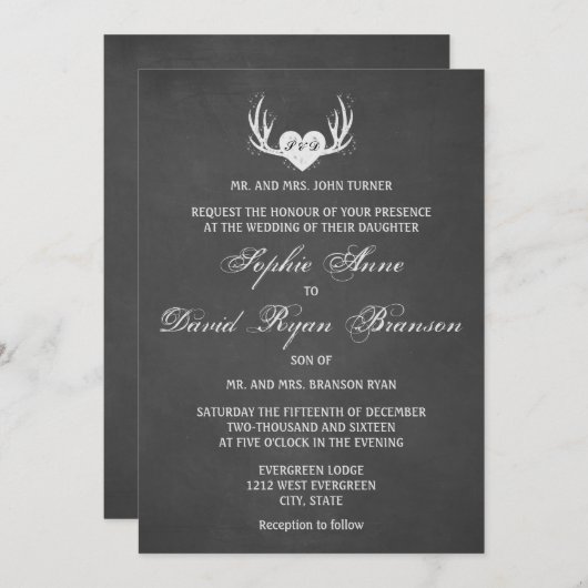 素朴な鹿の角とハートのチョークウェディング招待状 招待状 (正面/裏面)