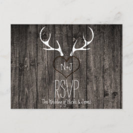 素朴な鹿の角と彫刻ハートの結婚式出欠確認カード インビテーションポストカード