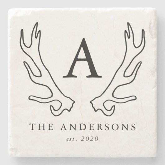 素朴な鹿の角のイニシャル ストーンコースター (正面)