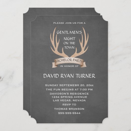 素朴な鹿の角のリボンチョーク バチェラーパーティーの招待状 招待状 (正面/裏面)