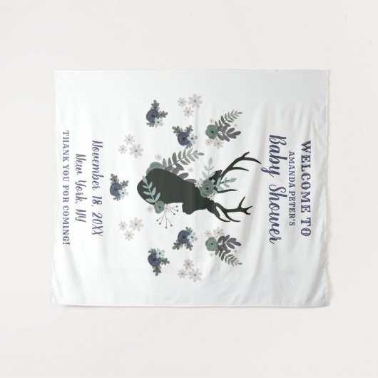 素朴な鹿の頭の青い花のベイビーシャワーの歓迎 タペストリー (正面(横))