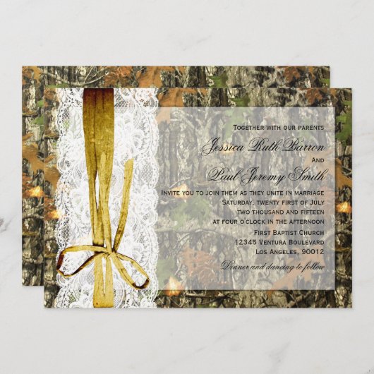 素朴な麻ひもおよびレースの迷彩柄の結婚式招待状 招待状 (正面/裏面)